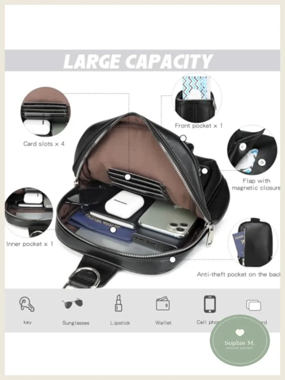 Mini Diaper Bag Crossbody Sling with Instant Wipes Pocket Vegan Leather